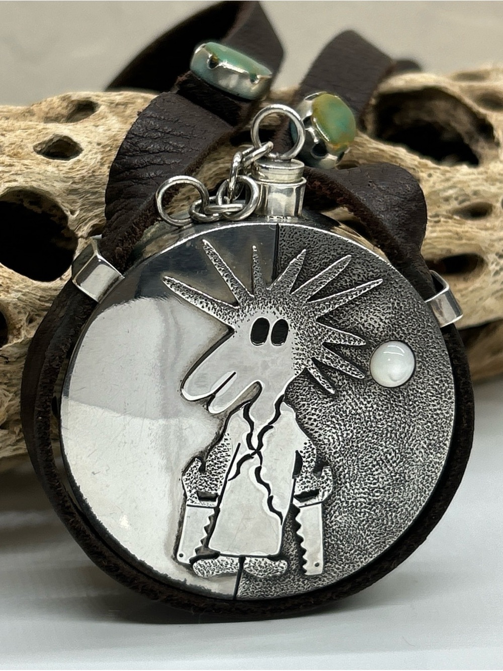 Sterling Silver Flask Necklace Leather Strap Turquoise AZ Navajo Darrell Jumbo